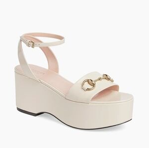 $1,090 Gucci Lady Horsebit Leather 75mm Platform Sandals Ivory EU 39 US 9 BNIB